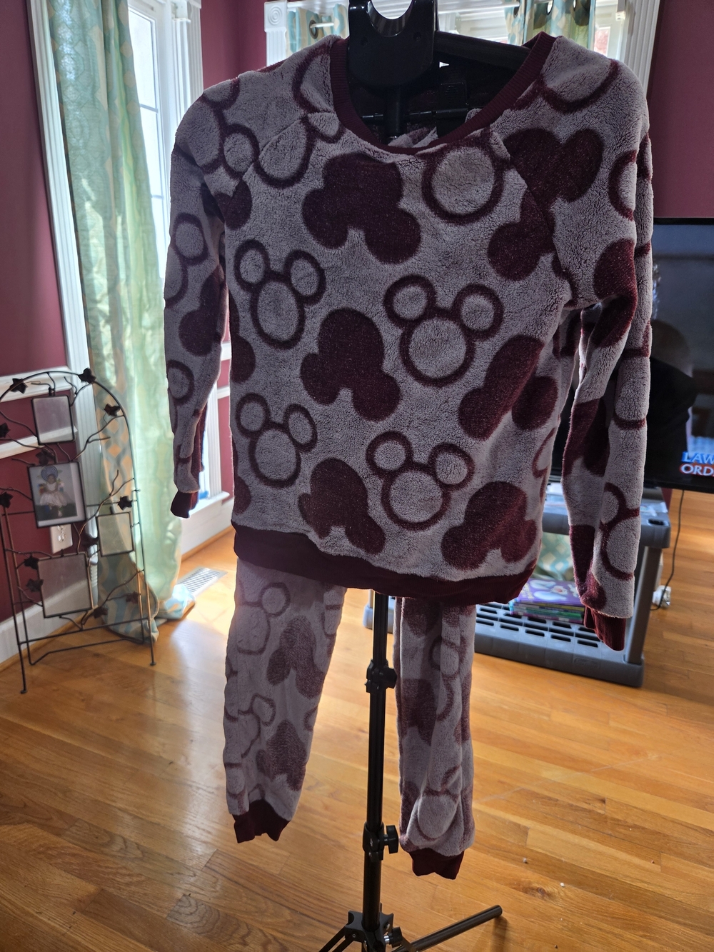 Disney Burgundy and Gray Plush Mickey Pattern Sweater Set